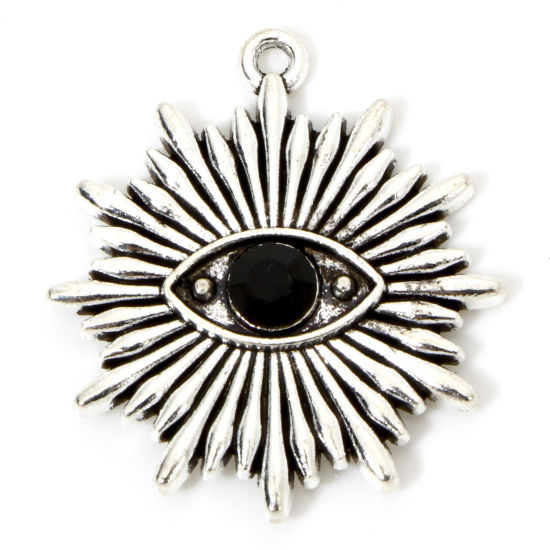Image de 5 Pcs Breloques Halloween en Alliage de Zinc Argent Vieilli Oeil de la Providence/ Oeil Qui Voit Tout à Strass Noir 28mm x 25mm
