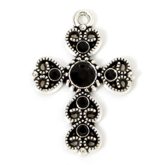 Image de 5 Pcs Breloques Halloween en Alliage de Zinc Argent Vieilli Croix Cœur à Strass Noir Creux 29mm x 20mm