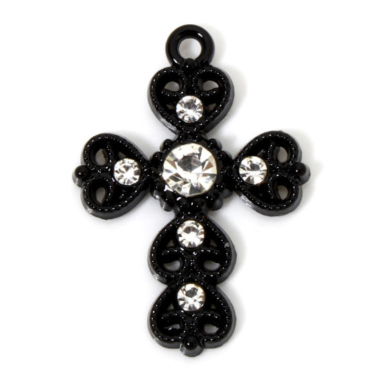 Image de 5 Pcs Breloques Halloween en Alliage de Zinc Noir Croix Cœur à Strass Transparent Creux 29mm x 20mm