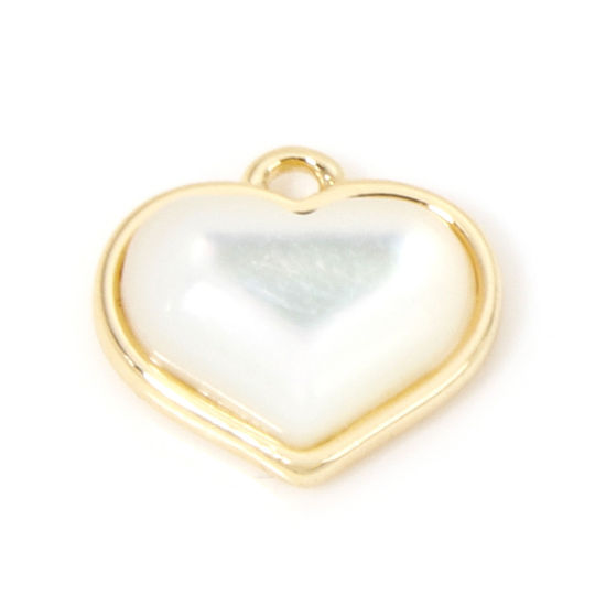 Image de 1 Pièce Breloques La Saint Valentin en Coquille Naturelle & Laiton Respectueux de la Nature Cœur Plaqué Or Véritable 18K 9mm x 8mm