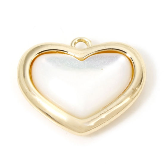 Image de 1 Pièce Breloques La Saint Valentin en Coquille Naturelle & Laiton Respectueux de la Nature Cœur Plaqué Or Véritable 18K 15mm x 12mm