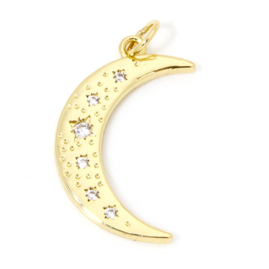 Picture of 1 Piece Eco-friendly Brass Galaxy Charms 18K Real Gold Plated Half Moon Clear Cubic Zirconia 26mm x 14mm