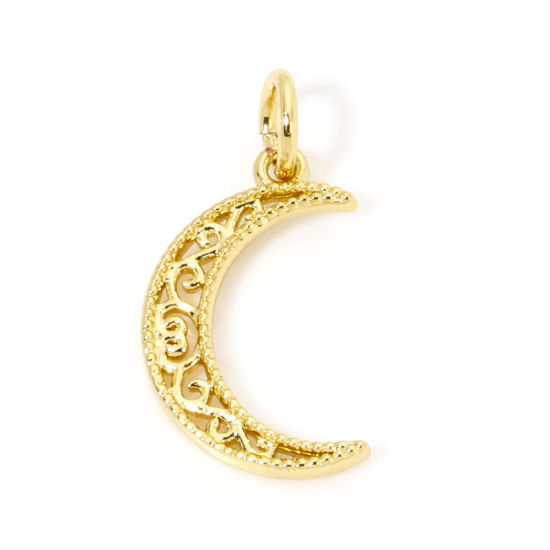 Picture of 1 Piece Eco-friendly Brass Galaxy Charms 18K Real Gold Plated Half Moon Hollow 19mm x 10mm