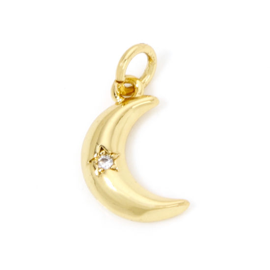 Picture of 1 Piece Eco-friendly Brass Galaxy Charms 18K Real Gold Plated Half Moon Star Clear Cubic Zirconia 17mm x 8mm