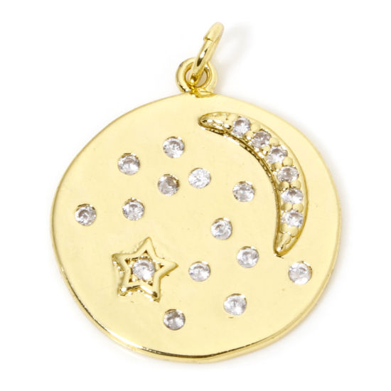 Picture of 1 Piece Eco-friendly Brass Galaxy Disc Charms 18K Real Gold Plated Half Moon Star Clear Cubic Zirconia 26mm x 21mm
