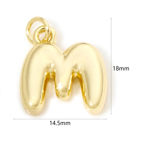 Picture of 1 Piece Eco-friendly Brass Charms 18K Real Gold Plated Capital Alphabet/ Letter Message " M " 3D 18mm x 14.5mm