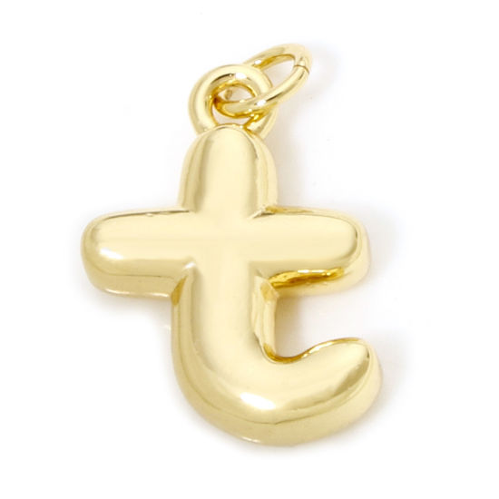 Picture of 1 Piece Eco-friendly Brass Charms 18K Real Gold Plated Lowercase Letter Message " t " 3D 21mm x 13mm