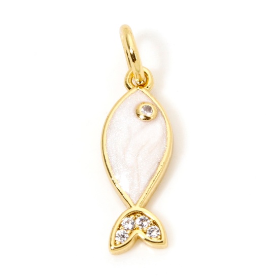 Picture of 1 Piece Eco-friendly Brass Ocean Jewelry Charms 18K Real Gold Plated White Fish Animal Enamel Clear Cubic Zirconia 19mm x 6mm