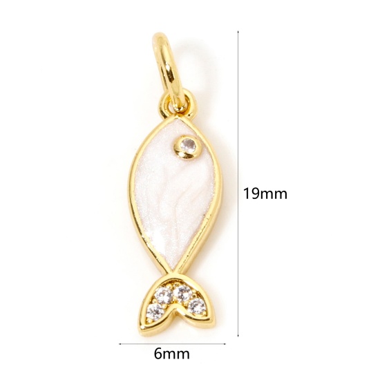 Picture of 1 Piece Eco-friendly Brass Ocean Jewelry Charms 18K Real Gold Plated White Fish Animal Enamel Clear Cubic Zirconia 19mm x 6mm