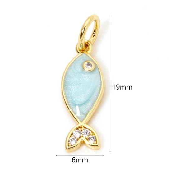 Picture of 1 Piece Eco-friendly Brass Ocean Jewelry Charms 18K Real Gold Plated Blue Fish Animal Enamel Clear Cubic Zirconia 19mm x 6mm
