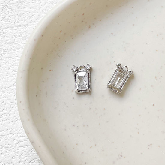 Bild von 1 Stück Messing Charms Platin Plattiert Rechteck Klar Zirkonia 9.5mm x 7mm