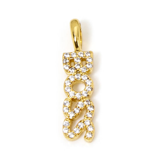 Picture of 1 Piece Eco-friendly Brass Charms 18K Real Gold Plated Message Message " BOSS " Micro Pave Clear Cubic Zirconia 22mm x 5.5mm