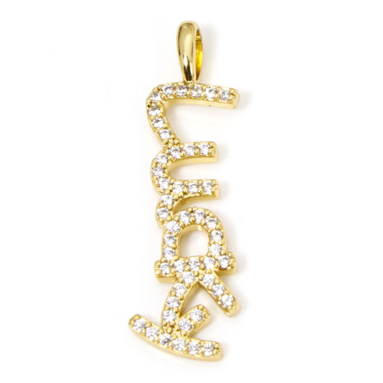 Picture of 1 Piece Eco-friendly Brass Positive Quotes Energy Pendants 18K Real Gold Plated Message Message " Lucky " Micro Pave Clear Cubic Zirconia 3.3cm x 1cm