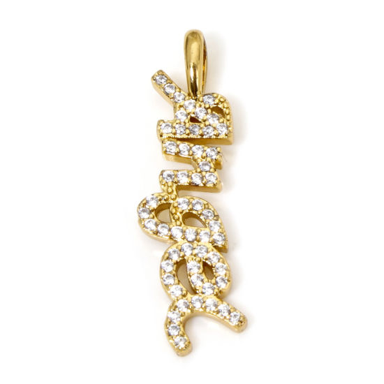 Picture of 1 Piece Eco-friendly Brass Charms 18K Real Gold Plated Message Message " Angel " Micro Pave Clear Cubic Zirconia 28mm x 8mm