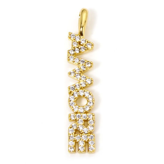 Picture of 1 Piece Eco-friendly Brass Pendants 18K Real Gold Plated Message "AMORE" Micro Pave Clear Cubic Zirconia 3cm x 0.5cm