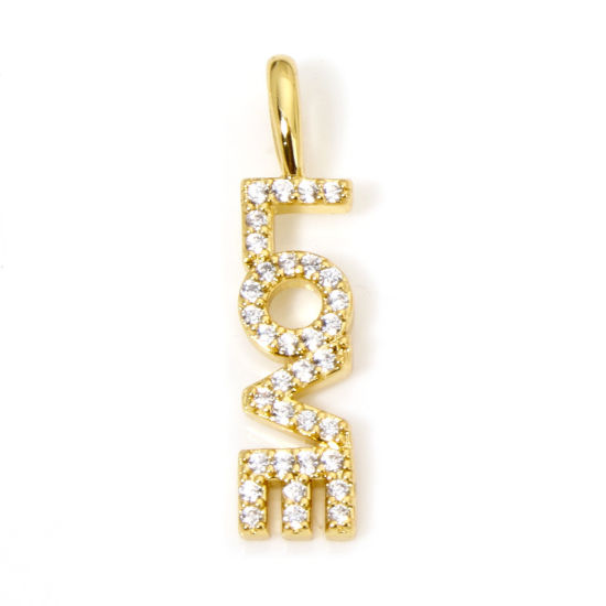 Picture of 1 Piece Eco-friendly Brass Valentine's Day Charms 18K Real Gold Plated Message Message " LOVE " Micro Pave Clear Cubic Zirconia 23mm x 5.5mm