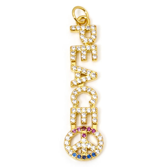 Picture of 1 Piece Eco-friendly Brass Pendants 18K Real Gold Plated Message Message " Peace " Micro Pave Clear Cubic Zirconia 4.2cm x 1cm