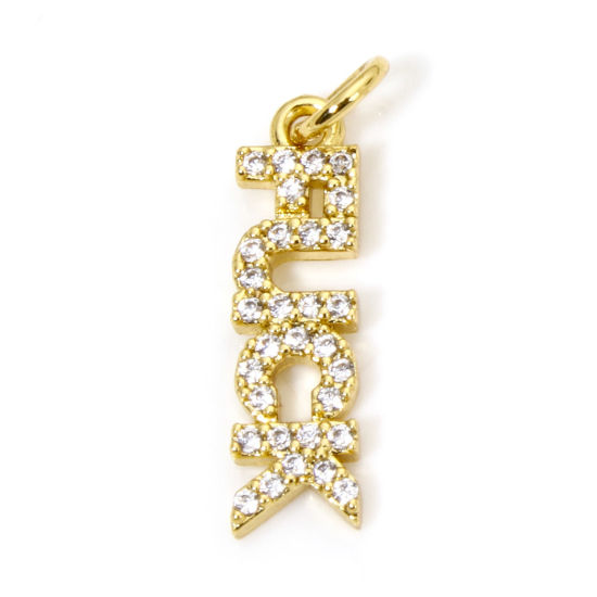Picture of 1 Piece Eco-friendly Brass Charms 18K Real Gold Plated Message Micro Pave Clear Cubic Zirconia 21mm x 5mm
