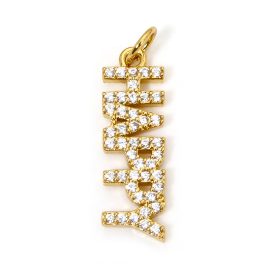 Picture of 1 Piece Eco-friendly Brass Charms 18K Real Gold Plated Message Message " Happy " Micro Pave Clear Cubic Zirconia 25mm x 7mm
