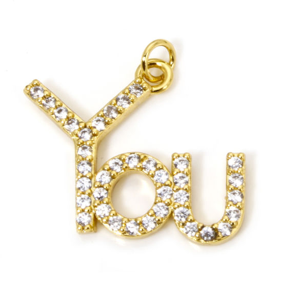 Picture of 1 Piece Eco-friendly Brass Charms 18K Real Gold Plated Message Message " you " Micro Pave Clear Cubic Zirconia 20mm x 19mm