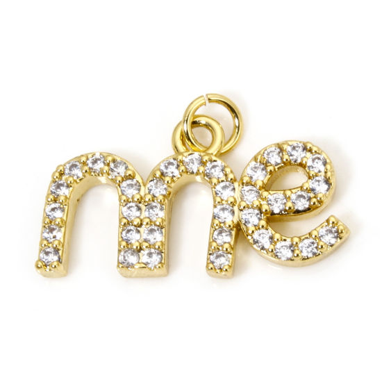 Picture of 1 Piece Eco-friendly Brass Charms 18K Real Gold Plated Message "me" Micro Pave Clear Cubic Zirconia 20mm x 13mm