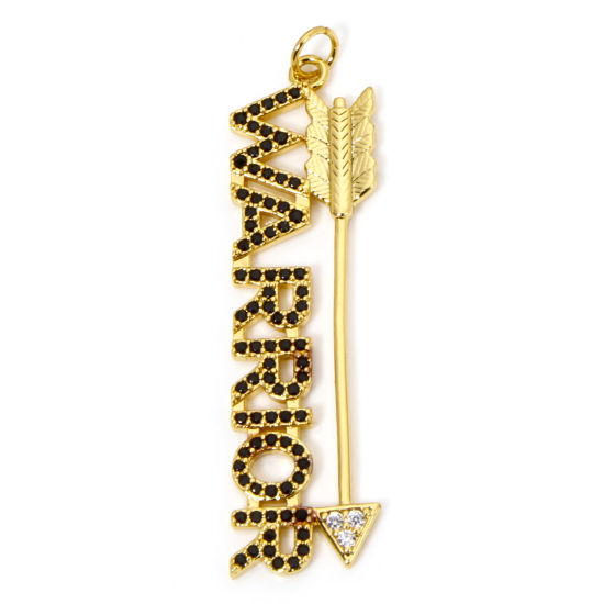 Picture of 1 Piece Eco-friendly Brass Pendants 18K Real Gold Plated Message Message " WARRIOR " Micro Pave Clear Cubic Zirconia 4.9cm x 1.3cm