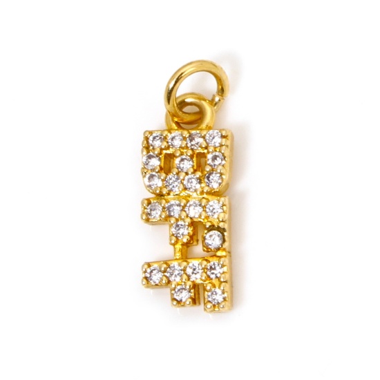 Picture of 1 Piece Eco-friendly Brass Charms 18K Real Gold Plated Message Message " BFF " Micro Pave Clear Cubic Zirconia 15mm x 5mm