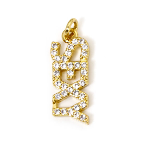 Picture of 1 Piece Eco-friendly Brass Charms 18K Real Gold Plated Message Message " sexy " Micro Pave Clear Cubic Zirconia 20mm x 7mm