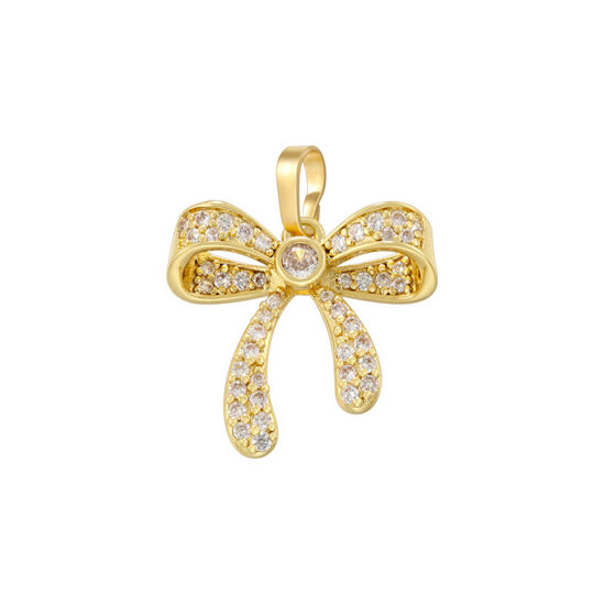 Picture of 1 Piece Brass Micro Pave Charm Pendant 18K Gold Plated Bowknot Clear Cubic Zirconia 22mm x 18mm
