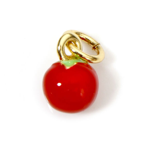 Image de 1 Pièce Breloques en Laiton Respectueux de la Nature Tomate Plaqué Or Véritable 18K Rouge Émail 11.5mm x 6mm