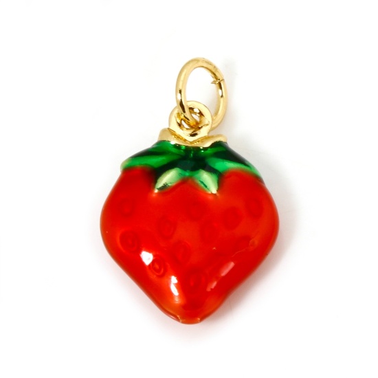 Image de 1 Pièce Breloques en Laiton Respectueux de la Nature Fraises Plaqué Or Véritable 18K Rouge & Vert Émail 19mm x 12mm