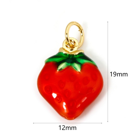 Image de 1 Pièce Breloques en Laiton Respectueux de la Nature Fraises Plaqué Or Véritable 18K Rouge & Vert Émail 19mm x 12mm