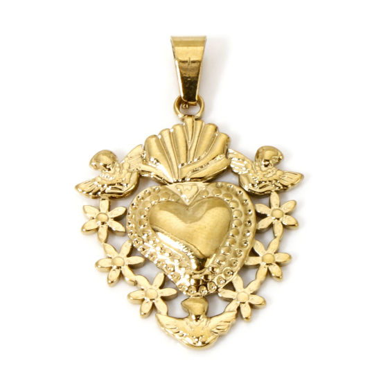 Image de 1 Pièce Pendentifs en 304 Acier Inoxydable Revêtement sous Vide PVD Respectueux de l'Environnement Religieux Doré Coeur de Ex-Voto Fleurs Creux 36.5mm x 25mm 