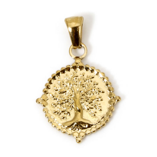 Image de 1 Pièce Pendentif Breloque en 304 Acier Inoxydable Placage sous Vide Rétro Rond Doré Arbre de Vie 28mm x 19mm