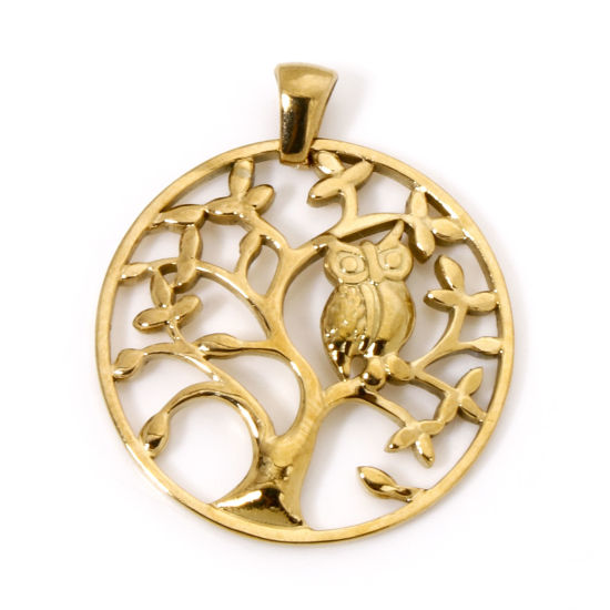 Image de 1 Pièce Pendentifs en 304 Acier Inoxydable Placage sous Vide Rétro Arbre de Vie Doré Hibou 32.5mm x 27.5mm