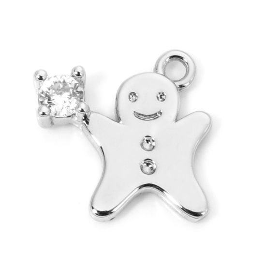 Bild von 1 Stück Messing Charms Platin plattiert Weihnachten Lebkuchenmann Klar Zirkonia 12mm x 12mm