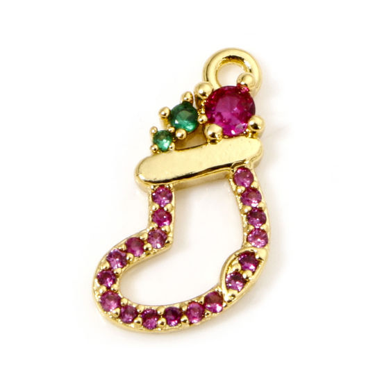 Bild von 1 Stück Messing Charms 18K Vergoldet Weihnachtsstiefel Micro Pave Fuchsie Zirkonia 13mm x 11mm