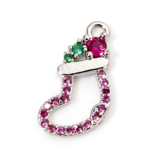 Bild von 1 Stück Messing Charms Platin plattiert Weihnachtsstiefel Micro Pave Fuchsie Zirkonia 13mm x 11mm