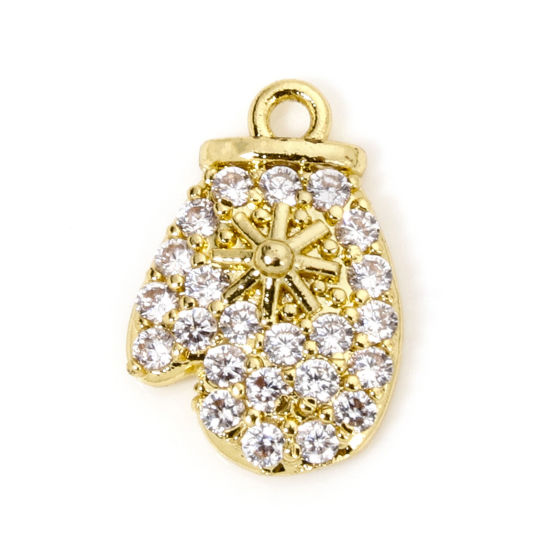 Bild von 1 Stück Messing Weihnachten Charms 18K Vergoldet Weihnachten Handschuhe Micro Pave Klar Zirkonia 14mm x 9.5mm