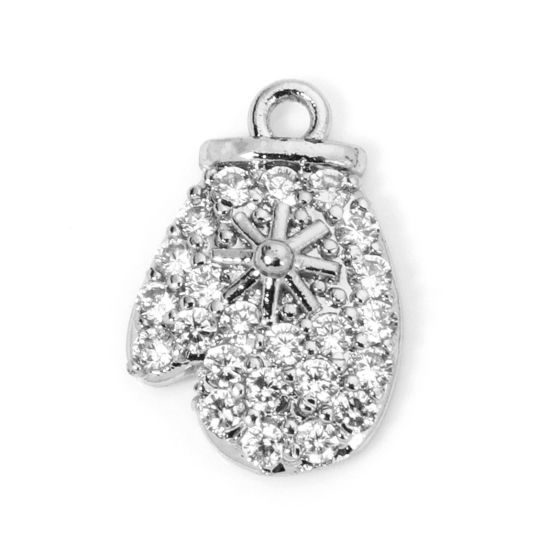 Bild von 1 Stück Messing Weihnachten Charms Platin plattiert Weihnachten Handschuhe Micro Pave Klar Zirkonia 14mm x 9.5mm