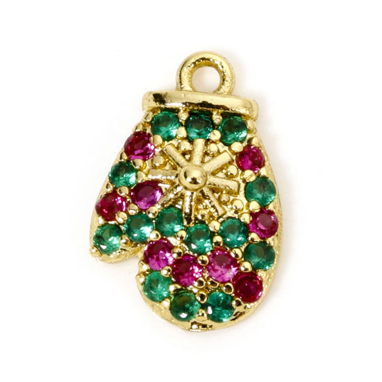 Bild von 1 Stück Messing Weihnachten Charms 18K Vergoldet Weihnachten Handschuhe Micro Pave Bunt Zirkonia 14mm x 9.5mm