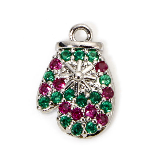 Bild von 1 Stück Messing Weihnachten Charms Platin plattiert Weihnachten Handschuhe Micro Pave Bunt Zirkonia 14mm x 9.5mm
