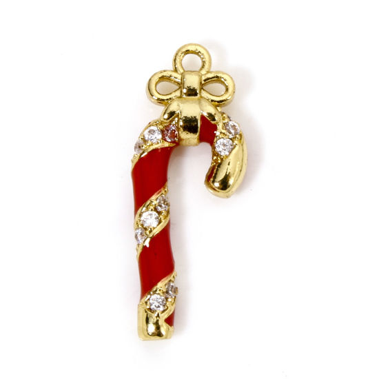 Bild von 1 Stück Messing Charms 18K Vergoldet Weihnachten Zucker Schleife Emaille Klar Zirkonia 22mm x 8mm