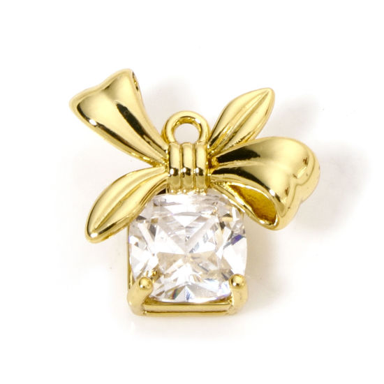 Bild von 1 Stück Messing Charms 18K Vergoldet Weihnachten Schleife Transparent Strass 15mm x 15mm
