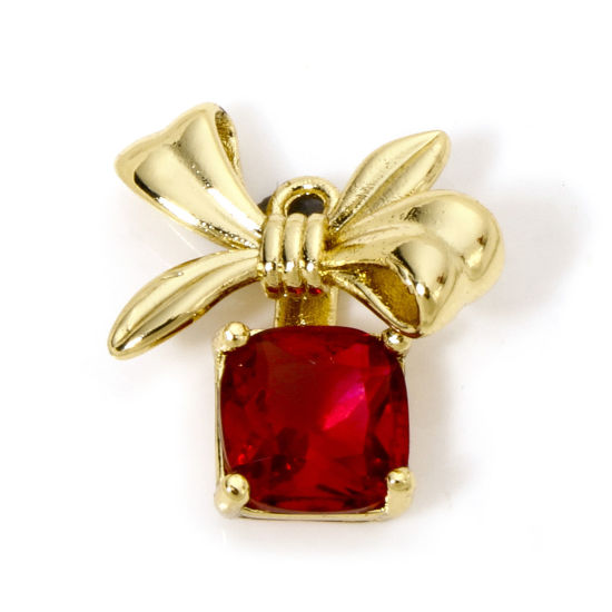 Bild von 1 Stück Messing Charms 18K Vergoldet Weihnachten Schleife Rot Strass 15mm x 15mm