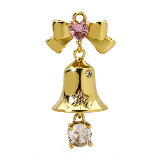 Bild von 1 Stück Messing 3D Charms 18K Vergoldet Weihnachten Jingling Schelle Rosa Zirkonia 27mm x 15mm
