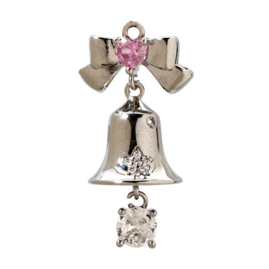 Bild von 1 Stück Messing 3D Charms Platin plattiert Weihnachten Jingling Schelle Rosa Zirkonia 27mm x 15mm