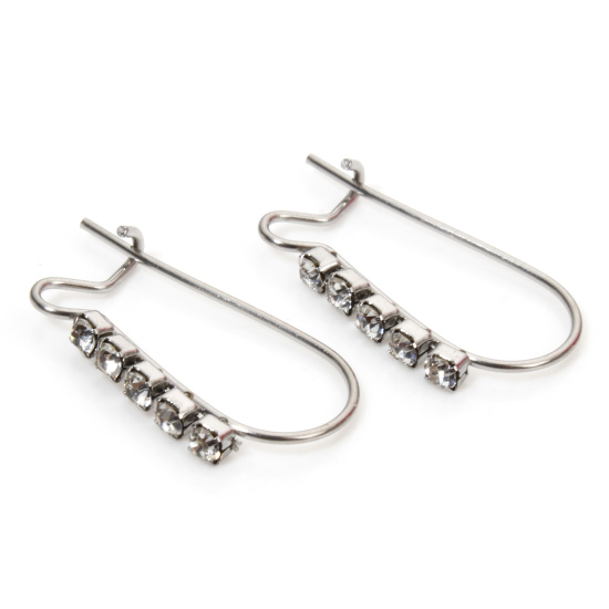 Picture of 2 PCs 304 Stainless Steel Ear Wire Hooks Earrings For DIY Jewelry Making Accessories Arched Silver Tone Clear Rhinestone 21mm x 11.5mm, Post/ Wire Size: (21 gauge)