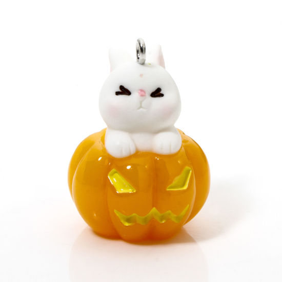 5 個 樹脂 ハロウィン チャーム カボチャ 3D オレンジ色 ウサギ 3.1cm x 2.2cm、 の画像