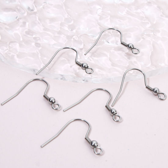 Picture of 40 PCs 304 Stainless Steel Ear Wire Hooks Earrings For DIY Jewelry Making Accessories Silver Tone With Loop 22mm x 21mm
